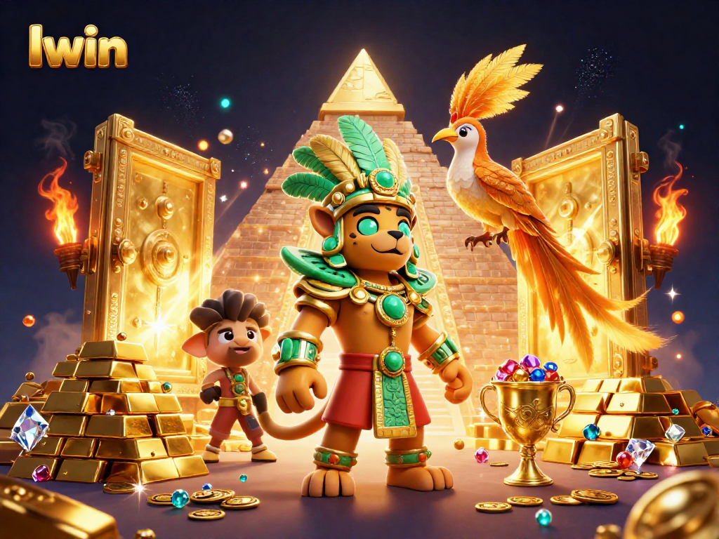 Iwin's captivating 3D casino scene showcases a Mayan jaguar priest with treasures bursting with riches.