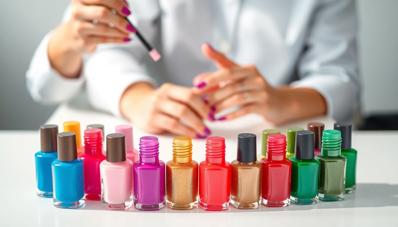 Showcasing Nail polish changes, a vibrant palette of colorful polish bottles with application brushes.