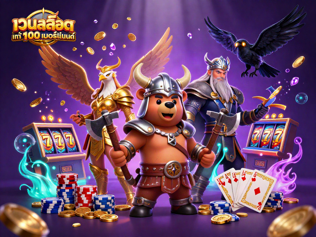 Experience เว็บสล็อต แท้ 100 เปอร์เซ็นต์ with a vibrant 3D illustration of a Viking bear and Valkyrie eagle in a casino.