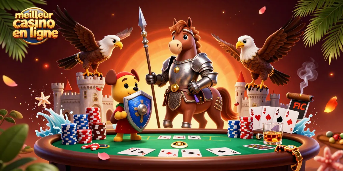 Jouer au meilleur casino en ligne avec un chevalier et un chiot écuyer entourés de jetons et de cartes.