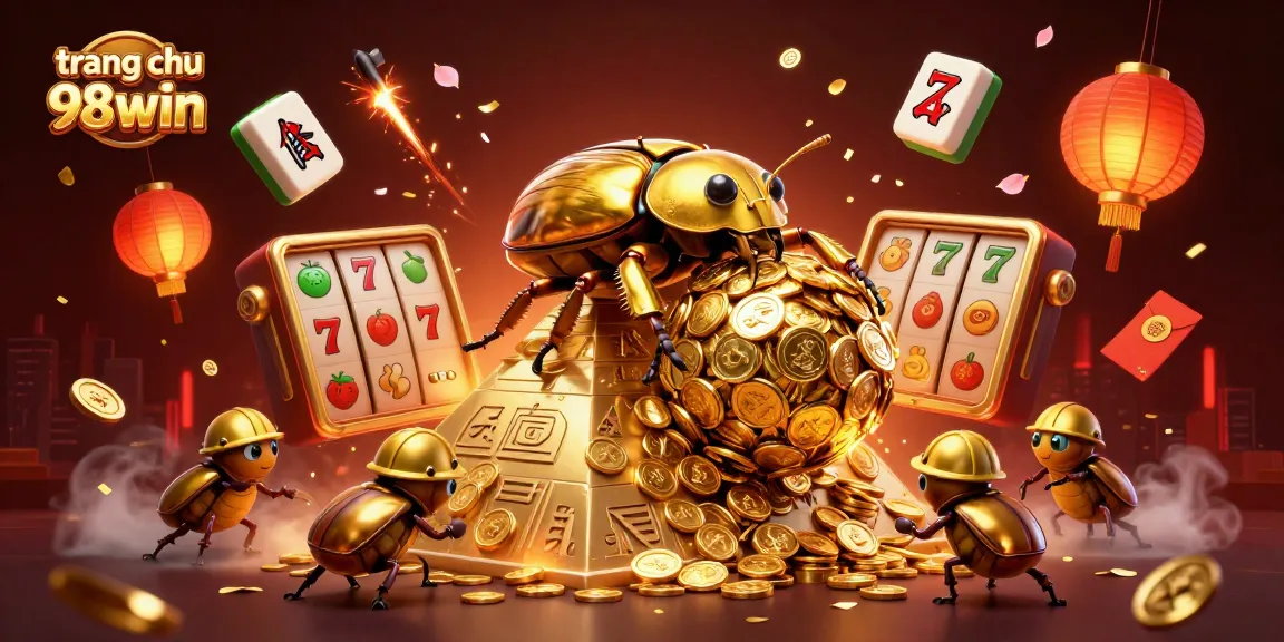 trang chu 98win showcases a vibrant 3D illustration of a beetle team rolling golden coins, symbolizing slot gaming excitement.