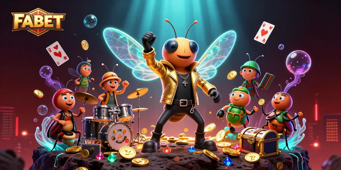 FABET showcases a lively casino scene with a cicada rock star, treasure, and playing cards.