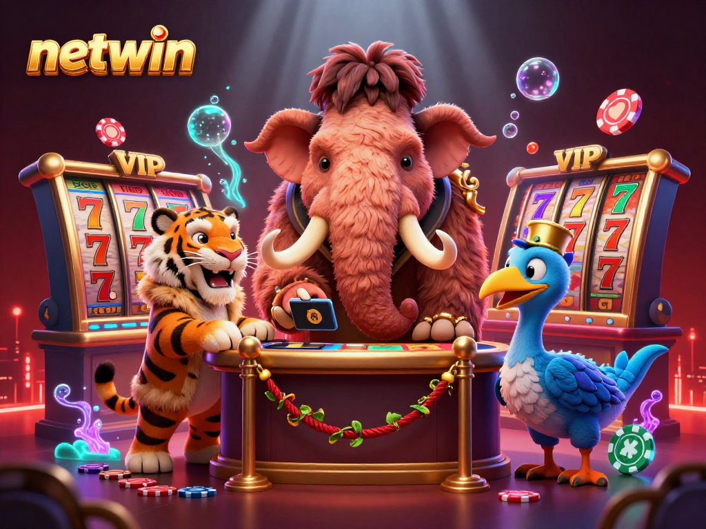 Experience thrilling slots action at netwin with vibrant illustrations of gaming excitement and iconic characters.