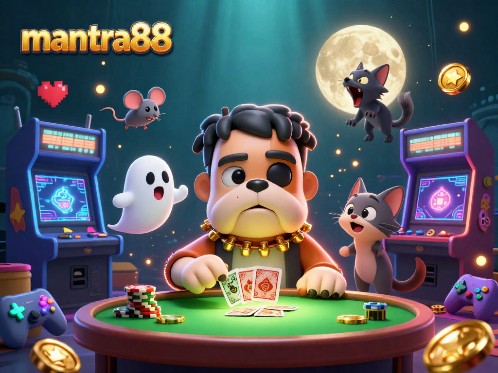 mantra88's lively casino scene with a Frankenstein bulldog dealing cards alongside a ghost mouse and a werewolf kitten.