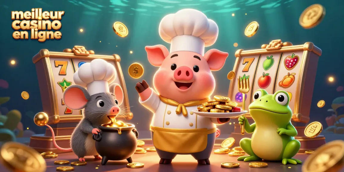Découvrez le meilleur casino en ligne avec un chef cartoon servant des pièces d'or et des éléments de jeu.
