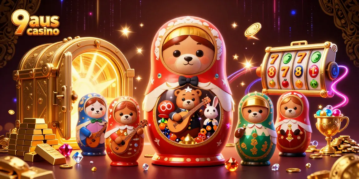Experience the excitement of 9aus casino with golden treasures and whimsical characters in this vibrant illustration.