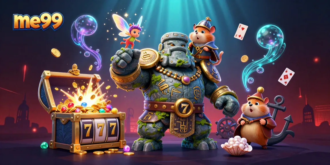 Experience endless excitement at me99 with vibrant characters and golden casino treasures.