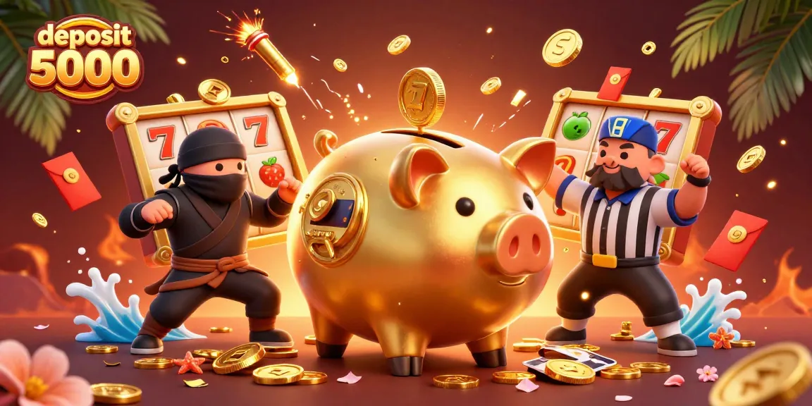 Bet big and win with deposit 5000, featuring a piggy bank wrestler in a lively casino scene.