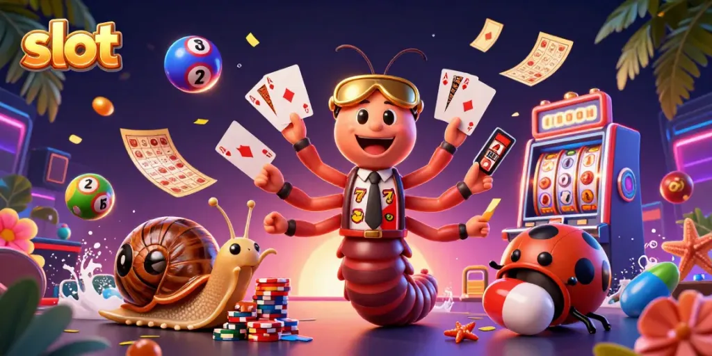 Slot penuh warna dengan dealer menyerahkan kartu dan simbol buah, menarik perhatian pemain.