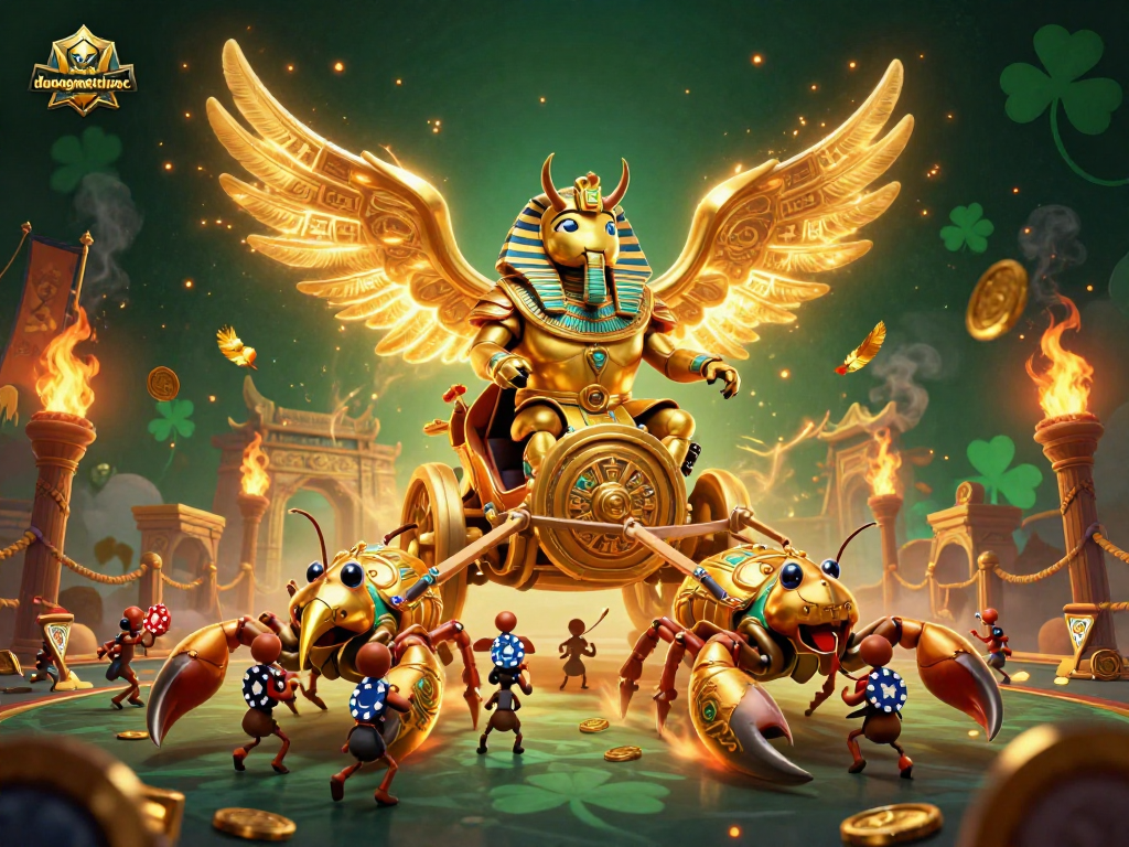 Join the excitement of duongmatchuoc with a dazzling scene of golden scarabs and scorpions amidst casino elements.