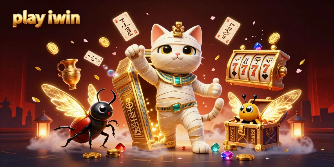 Play iwin and experience thrilling action with a 3D Egyptian mummy cat and casino elements.