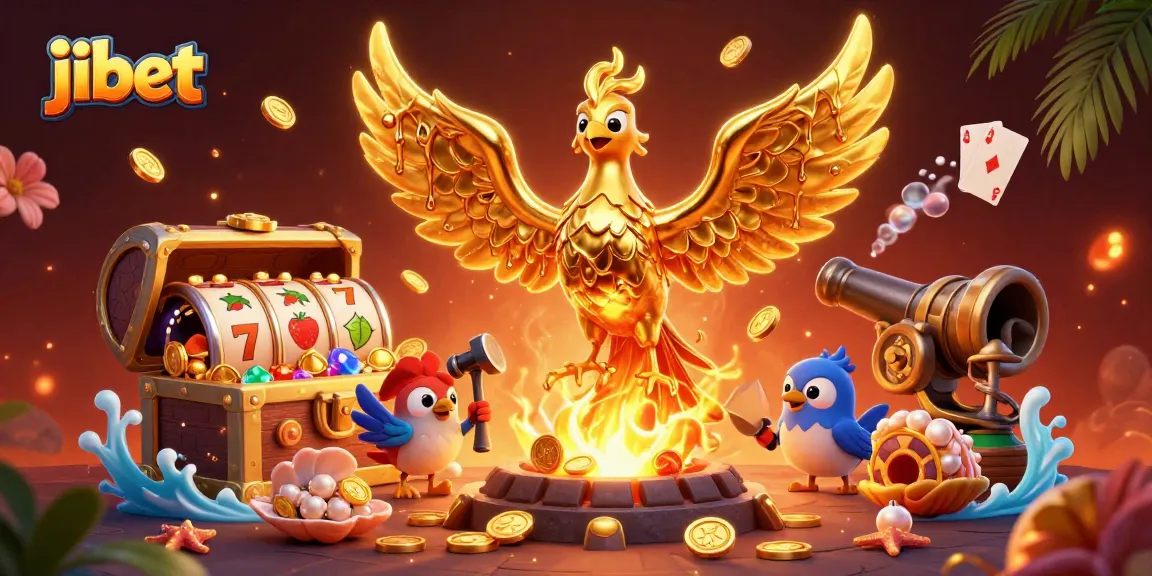 Win big with jibet casino, featuring a golden phoenix, slot reels, and rich treasures.