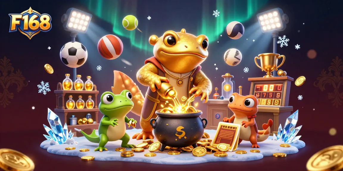 Engage with F168's enchanting world of gold coins and dynamic sports betting elements in a magical casino scene.
