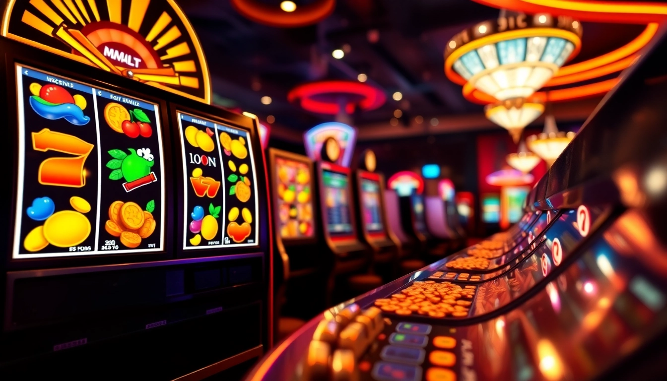 Slot gacor menampilkan mesin slot dengan simbol berwarna cerah di kasino.