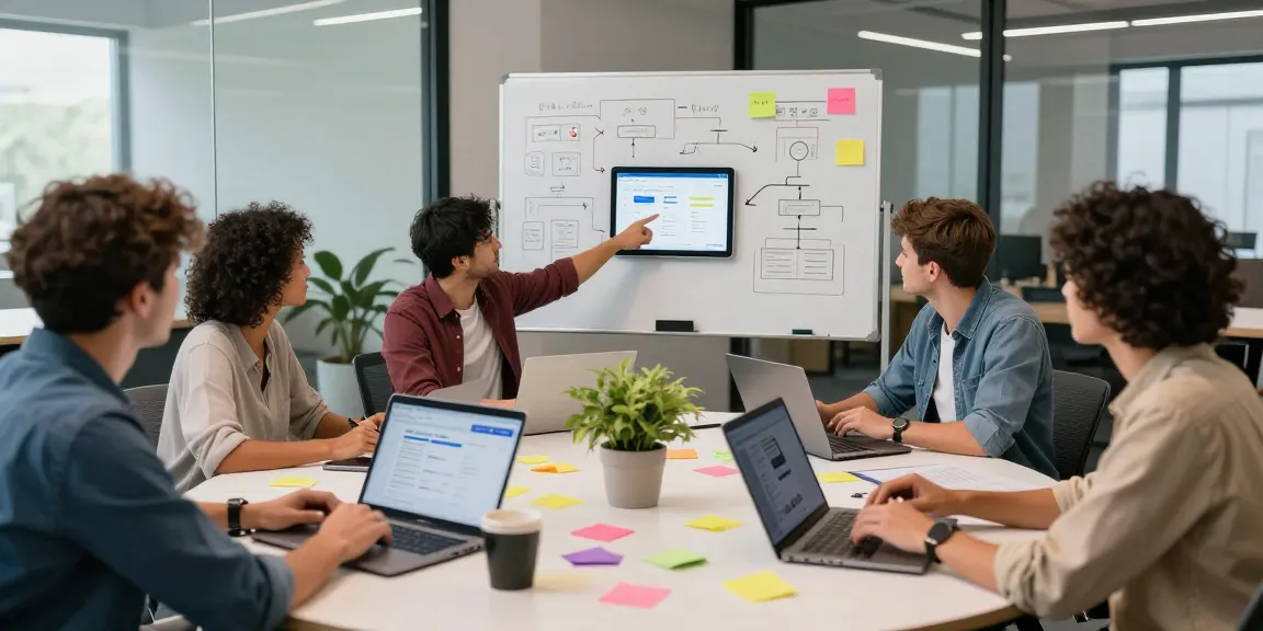 Build internal tools with AI through collaborative team work in a modern workspace with diverse professionals.