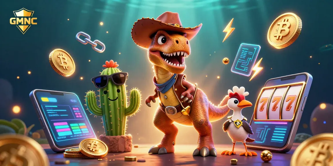 Engage with GMNC through dynamic casino gaming, as T-Rex and friends enjoy Bitcoin and slot reels.