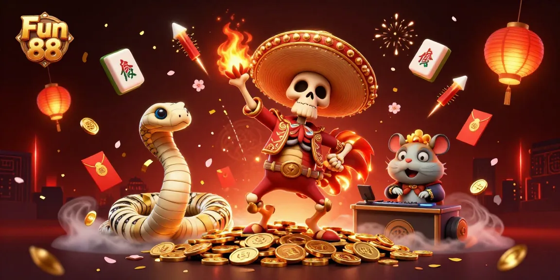Engage with Fun 88's vibrant casino scene featuring a festive skeleton, mummy, and zombie DJ amidst gold coins.