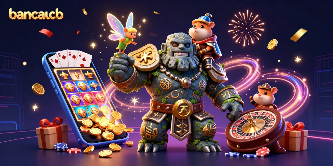 bancaucb features an elaborate 3D illustration with a golem guardian, fairy, and hamster knight in a vibrant casino scene.