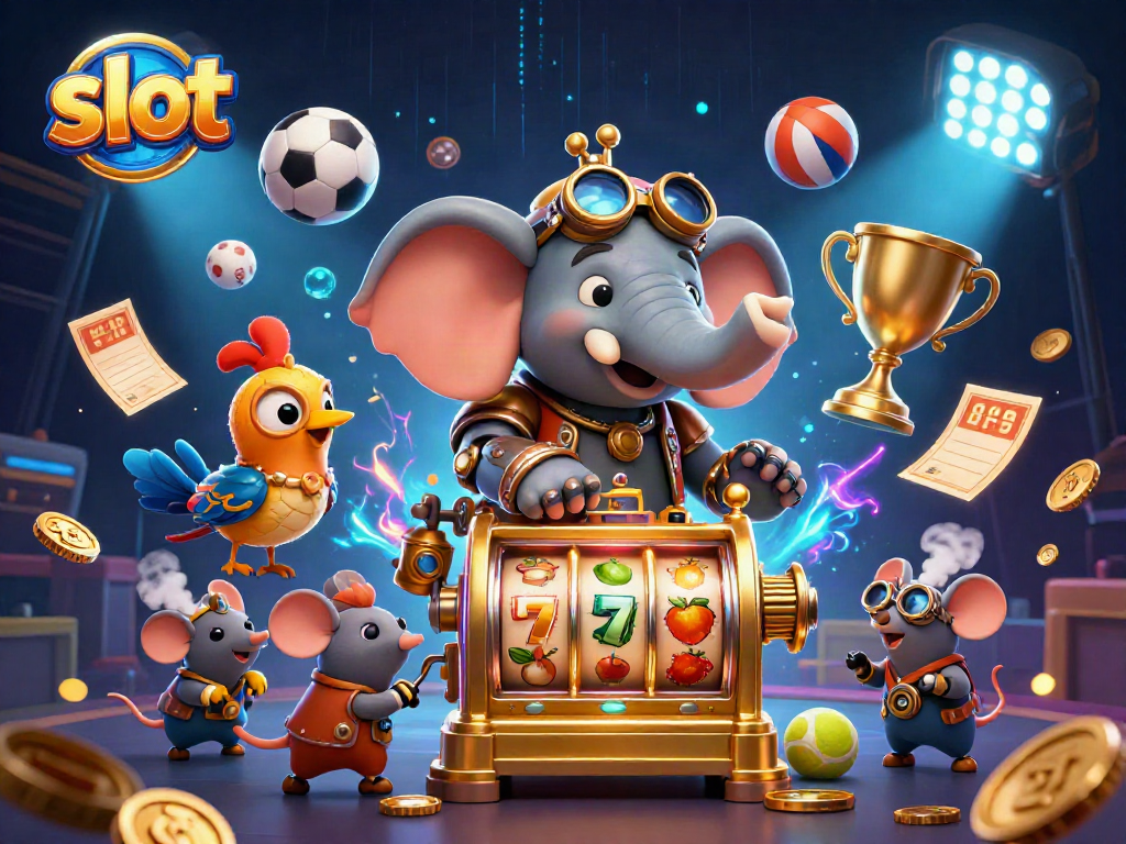 Spin the slot machine with a steampunk elephant engineer amidst vibrant casino elements.