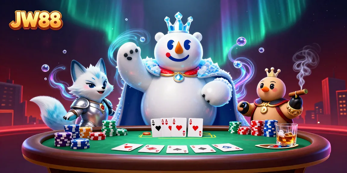 Experience thrilling poker action with JW88 in a dynamic casino scene featuring a polar bear king and vibrant game elements.