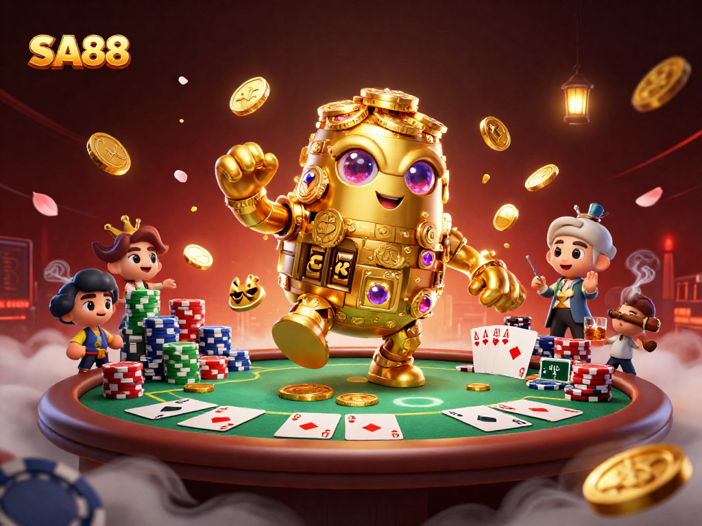 SA88 players engage in high-stakes poker surrounded by a golden golem and vibrant casino elements