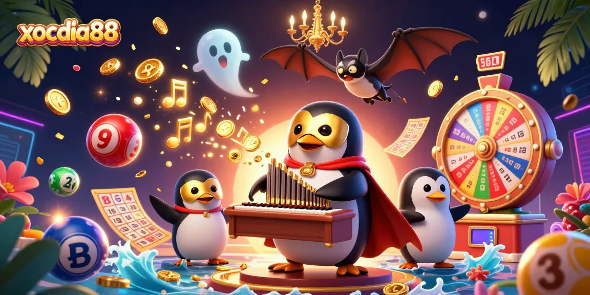 xocdia88 showcases a lively scene with a penguin playing an organ that shoots coins, emphasizing the fun of online gaming.