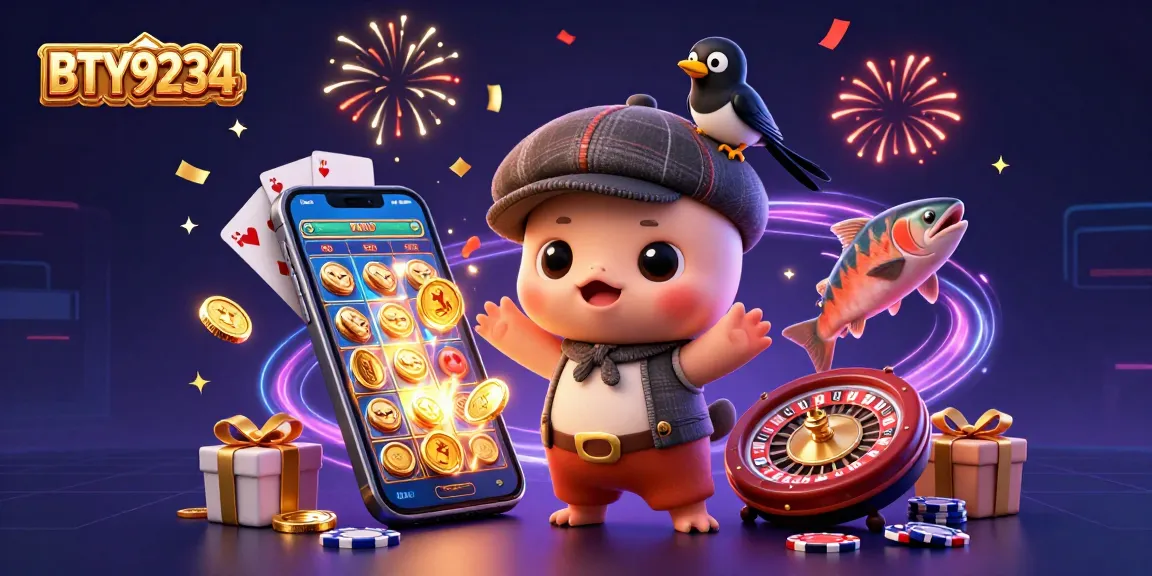 Experience vibrant jackpot excitement with BTY9234 and a colorful 3D casino themed illustration.
