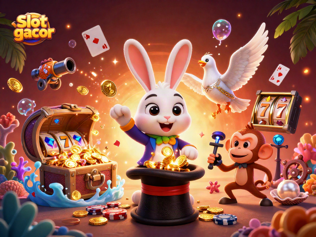 Engage with slot gacor dynamics in a vibrant 3D casino scene featuring playful characters.