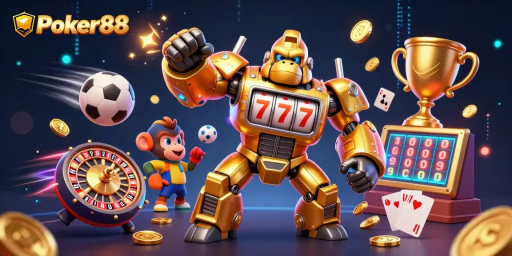 Experience the thrill of Poker88 with a golden gorilla mech and exciting gameplay elements.