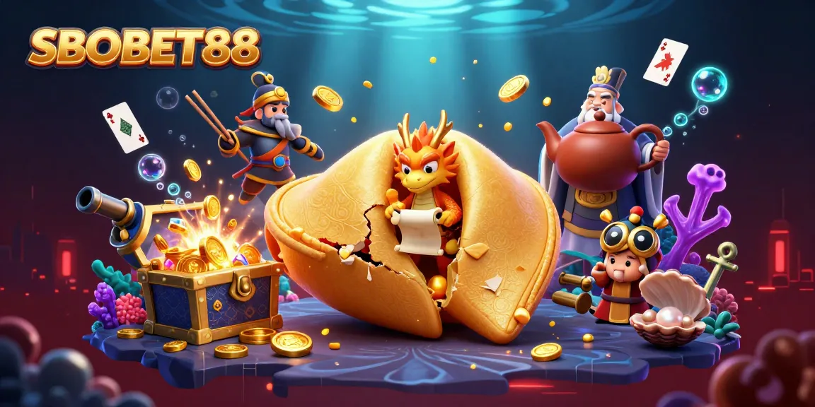 SBOBET88 menghadirkan ilustrasi kasino dengan kue keberuntungan emas, naga, dan penjaga serta elemen permainan uang.