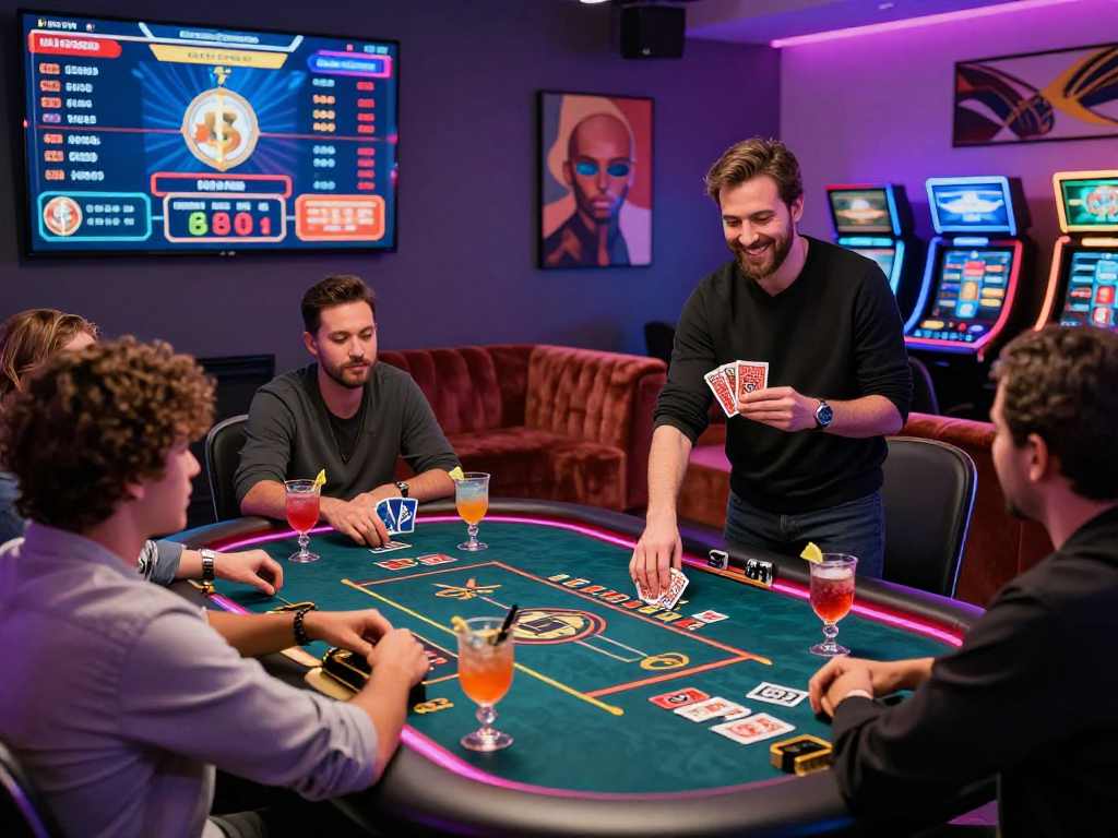 Exciting crypto casino atmosphere with diverse players at a gaming table.