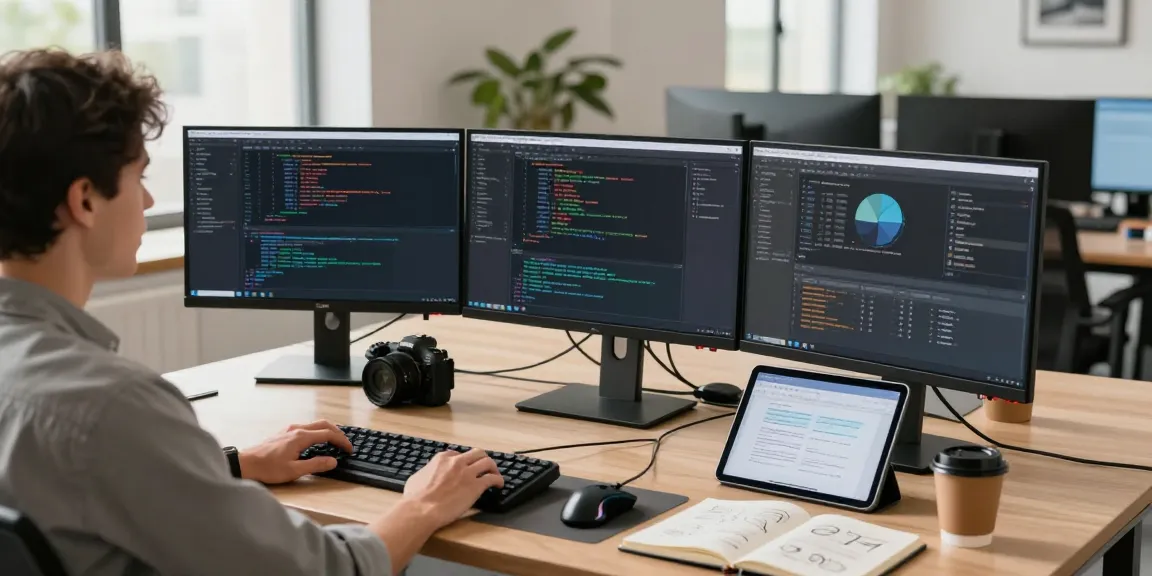 Engaging software development workspace at https://www.bdtjl.app/ featuring monitors with code, professional tools, and bright natural lighting.