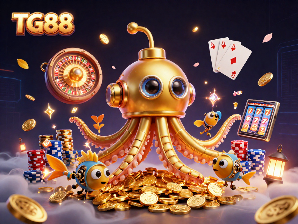 Experience winning strategies at TG88 with a vibrant 3D casino scene featuring unique characters and game elements.