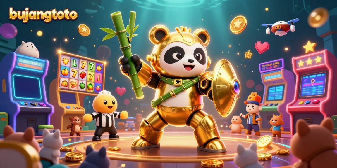 Experience the excitement of bujangtoto with a golden panda mech in a thrilling casino scene.