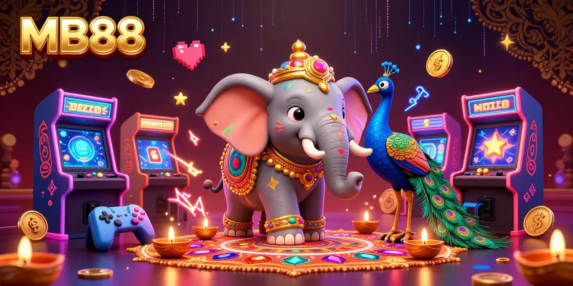 Engage with the vibrant MB88 casino scene featuring a colorful 3D elephant surrounded by gaming elements and glowing visuals.