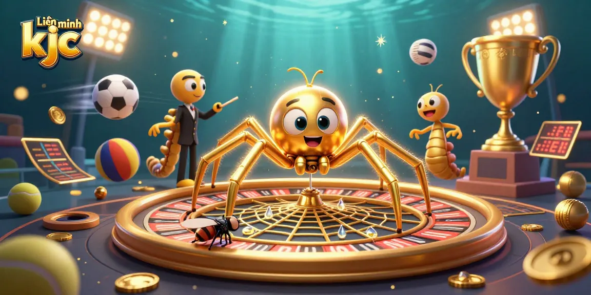 Engage with Liên minh kjc in a dynamic casino experience featuring a spider roulette wheel, sports elements, and lively characters.