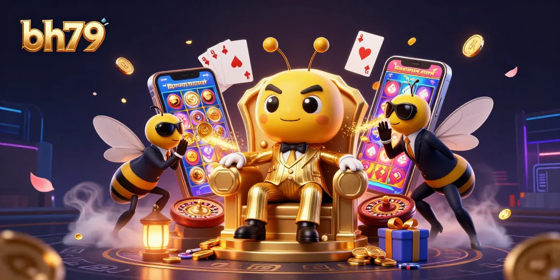 bh79 features a bustling casino scene with animated characters delivering thrilling slot adventures.