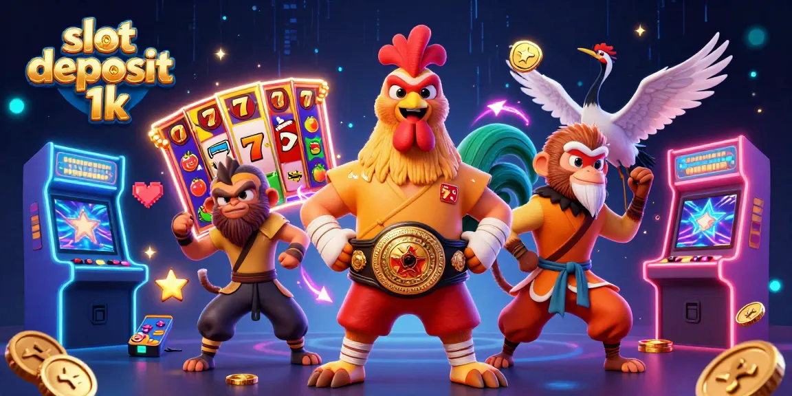 Gambarkan keasyikan bermain slot deposit 1k dengan karakter kartun menarik dan elemen kasino.