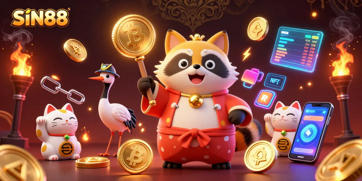 SIN88 celebrates luck with cheerful tanuki and crypto elements in a dynamic casino scene.