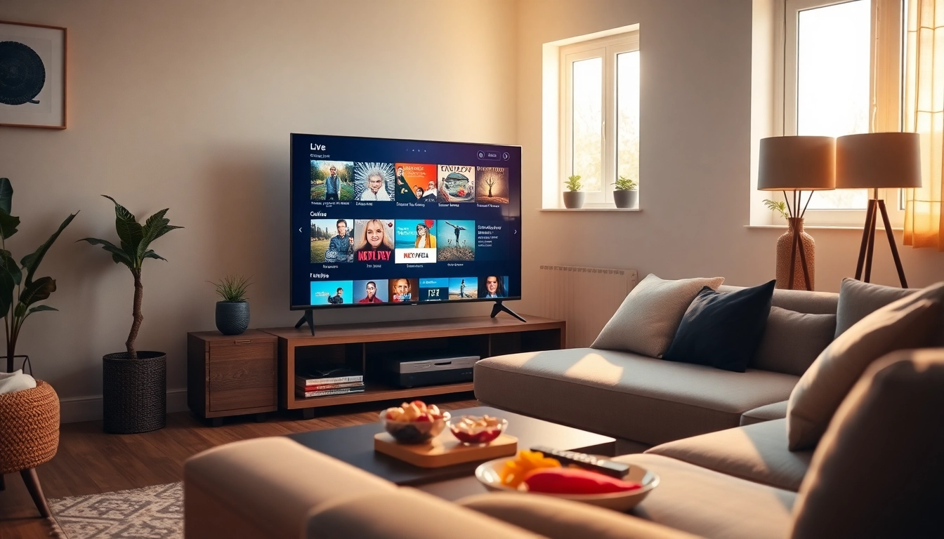 Experience a seamless iptv free trial on a vibrant flat-screen TV in a cozy living room setting.