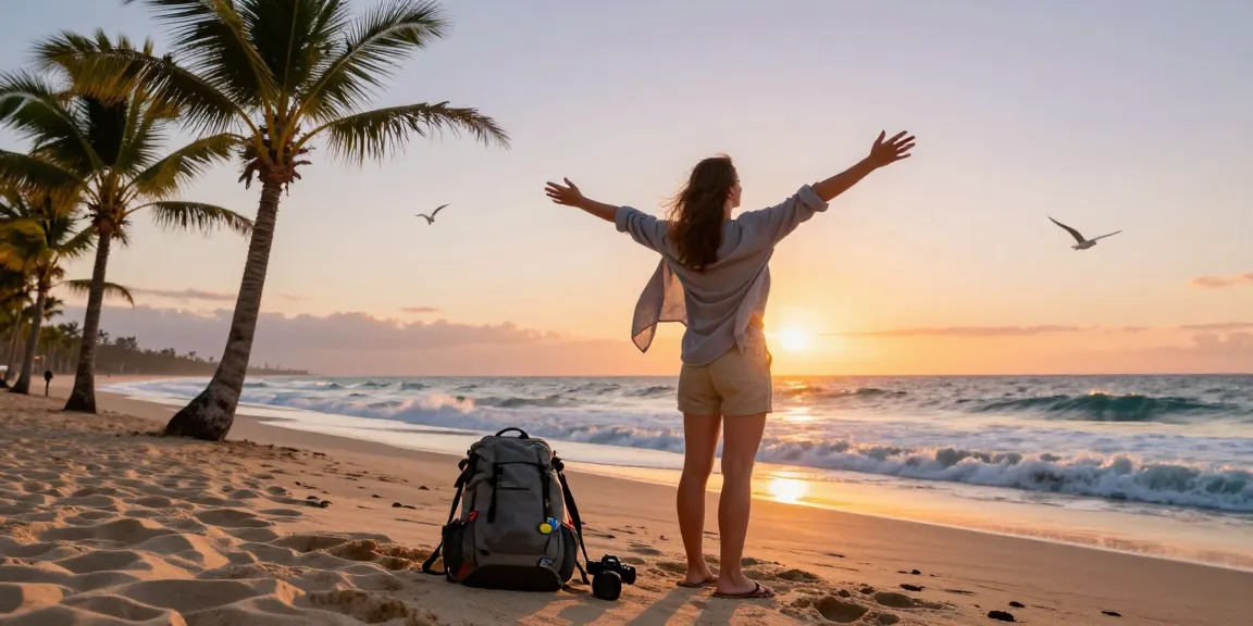 NAGA2000 traveler enjoying a sunset at a beautiful beach destination with joyful expression.