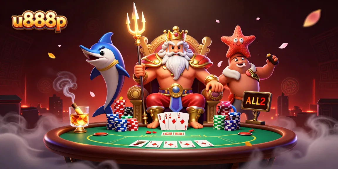 Engage with u888p at the lively poker table, featuring Neptune in a vibrant casino scene.