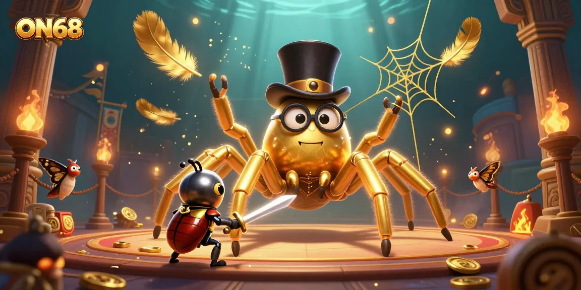 Experience the thrill of gaming with ON68, featuring a charming cartoon tarantula and knight in a casino atmosphere.