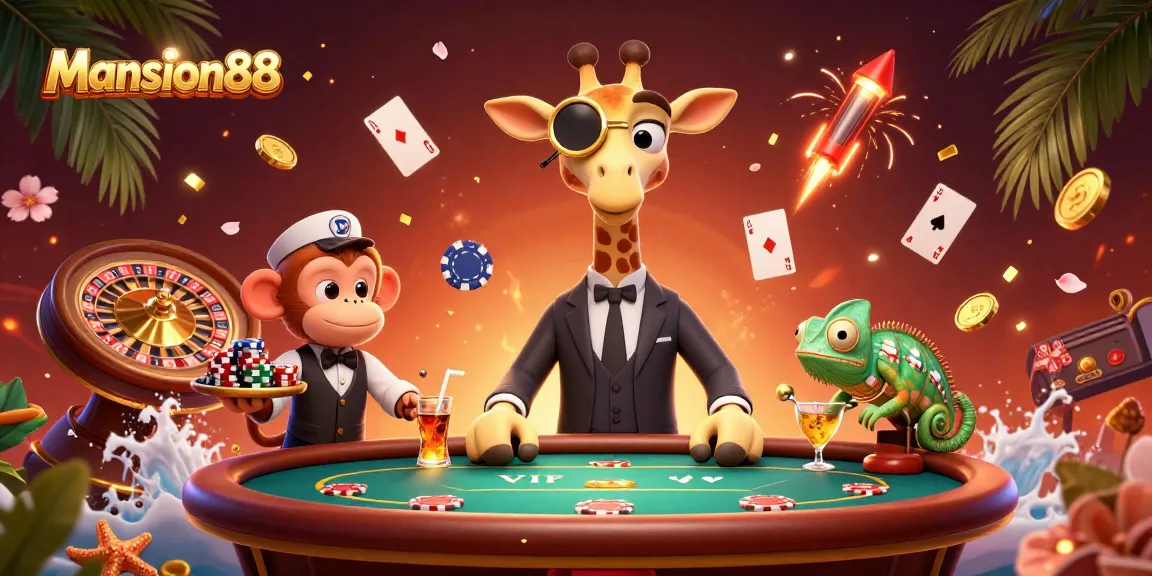 Mansion88 showcases a vibrant scene with a high-roller giraffe at a poker table, emphasizing lively gambling action.