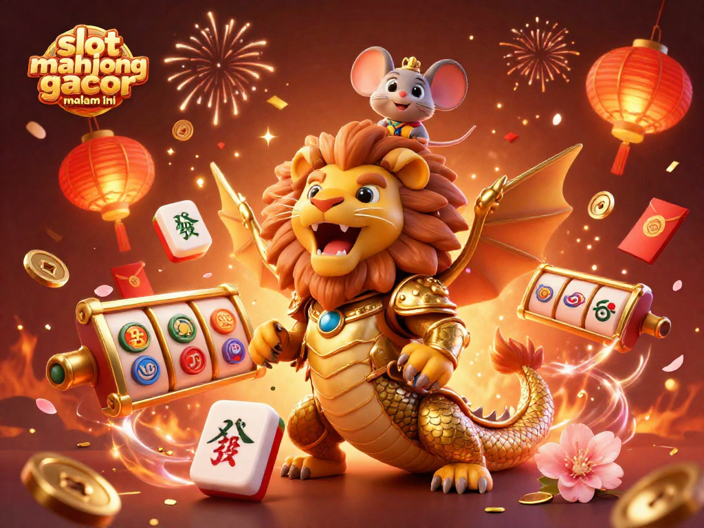 Engage in slot mahjong gacor malam ini with vibrant 3D characters, festive symbolism, and casino elements.