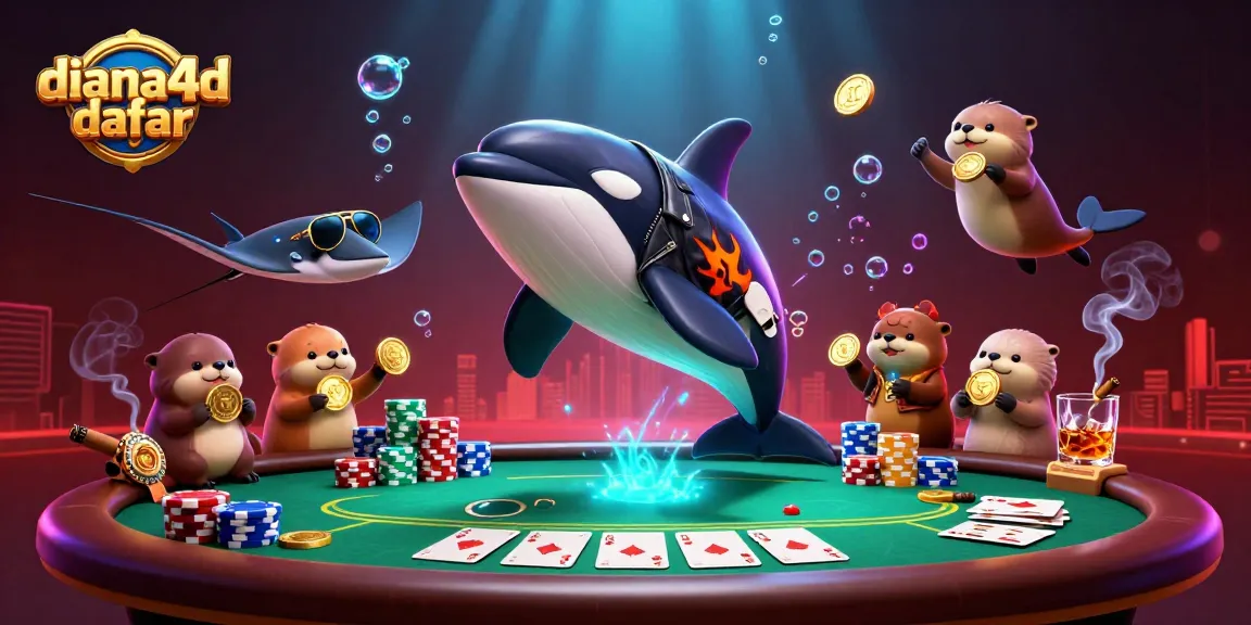 diana4d daftar showcases a vibrant scene of gambling action with orca, stingray, and otters surrounded by poker elements