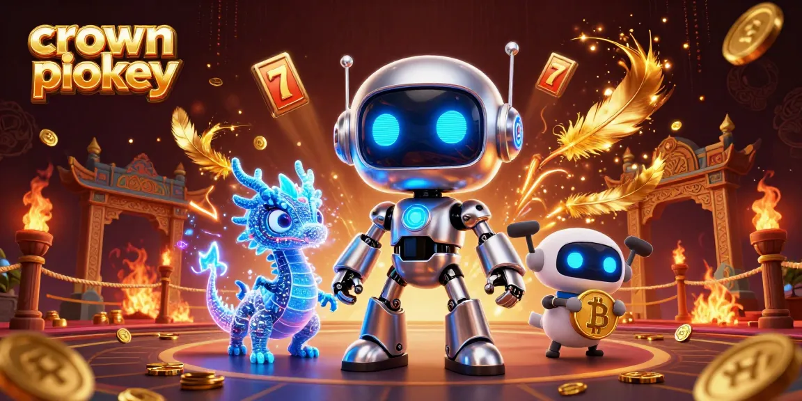 Crown pokies scene depicting a chrome robot with a dragon and drone, surrounded by vibrant slot elements and gold.