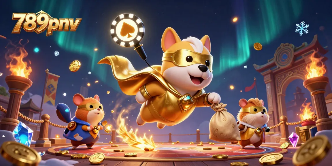 Experience thrilling wins at 789pnv with the superhero dog and hamster in a vibrant casino adventure.