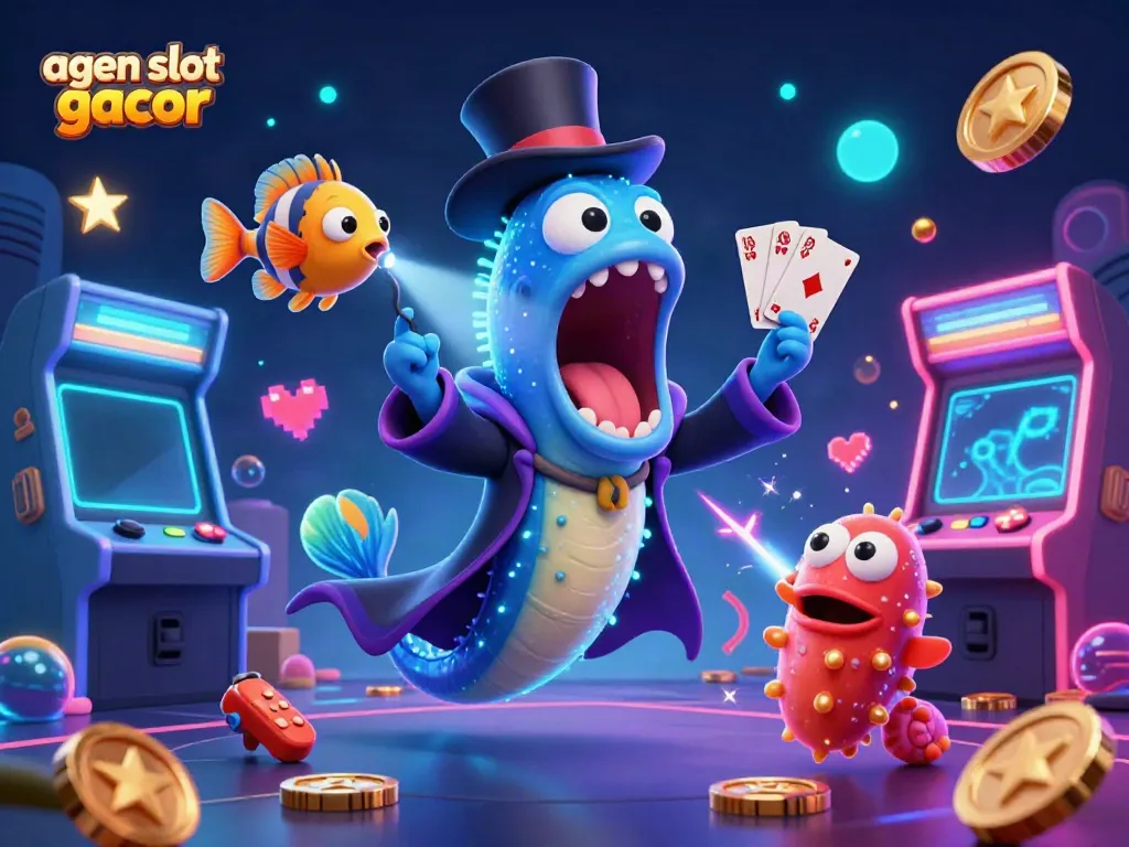 Experience the magic of agen slot gacor with a captivating 3D illustration showcasing casino elements and deep-sea characters.