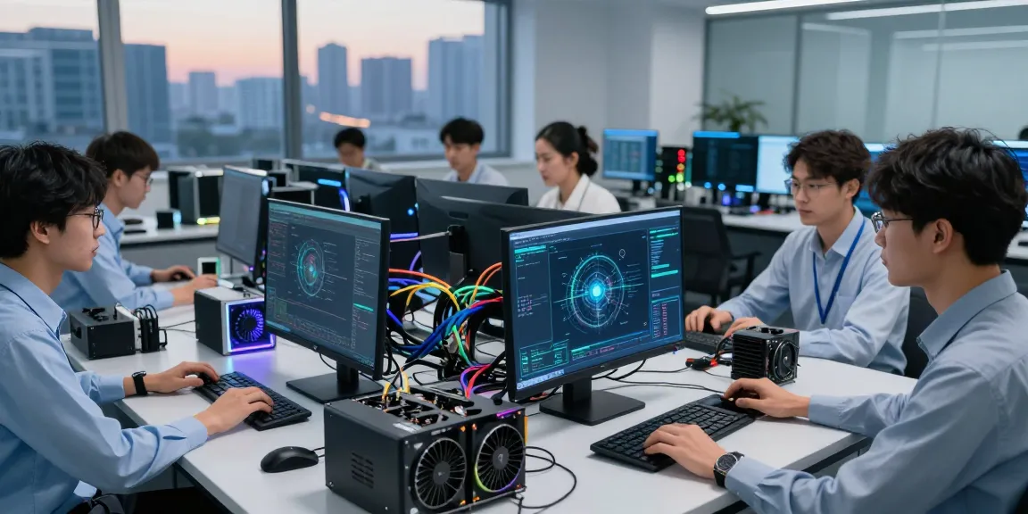 Engineers collaborating on GPU computing in a modern lab environment with advanced technology.